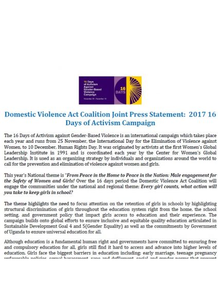 Domestic Violence Act Coalition Joint Press Statement: 2017 16 Days of Activism Campaign