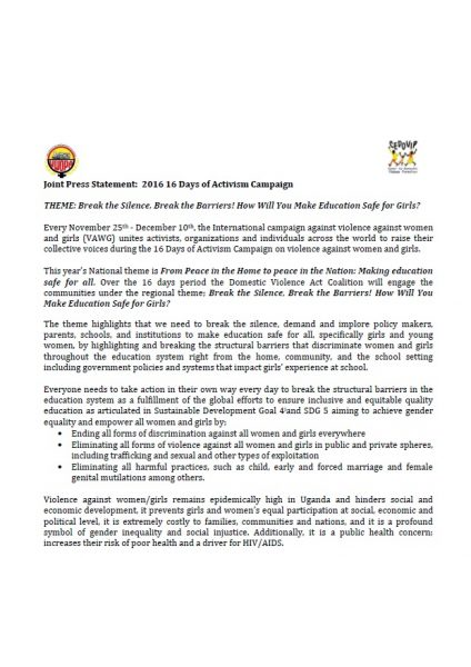 Press Statement 16 days  of Activism campaign 2016