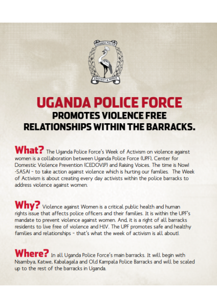 Uganda Police Force Promotes Violence Free Relationships within the Barracks